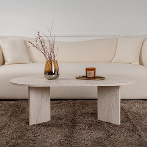 Table basse ovale effet travertin 119x60cm Lyu de face