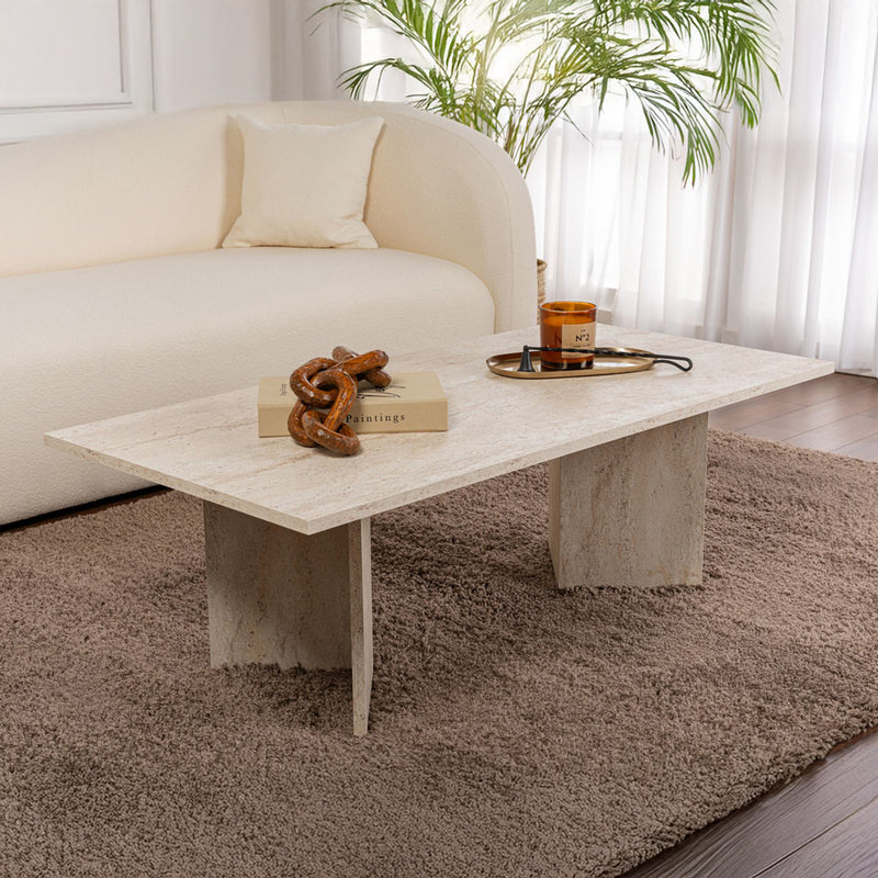 Table basse rectangulaire effet travertin 119x60cm Topi finition minérale