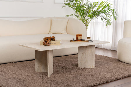 Table basse rectangulaire effet travertin 119x60cm Topi photo d'ambiance