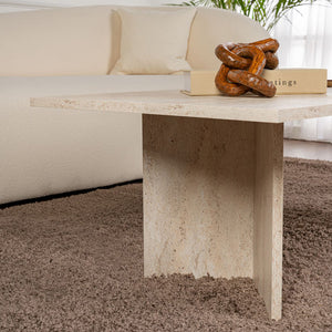Table basse rectangulaire effet travertin 119x60cm Topi zoom sur le détail des pieds