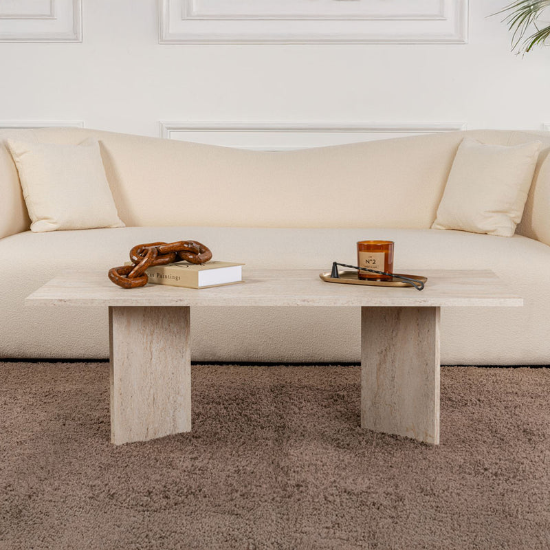 Table basse rectangulaire effet travertin 119x60cm Topi de profil