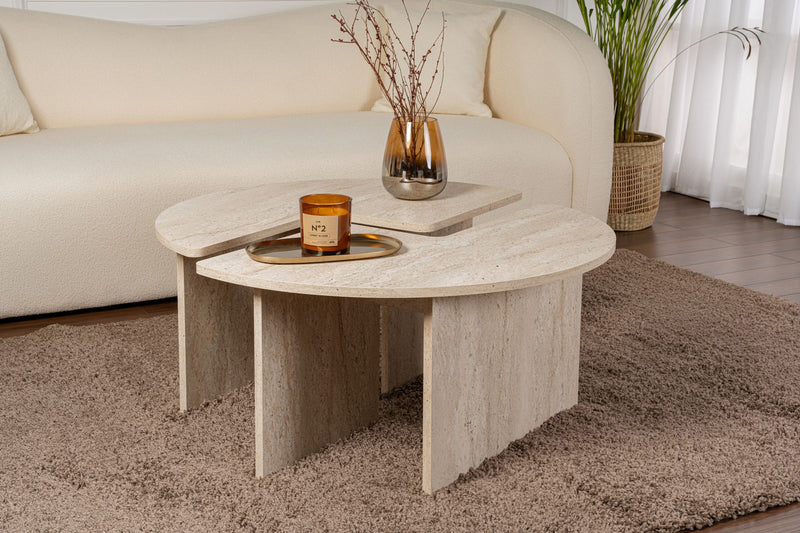 Table basse ronde duo effet travertin 90cm Apix finition minérale
