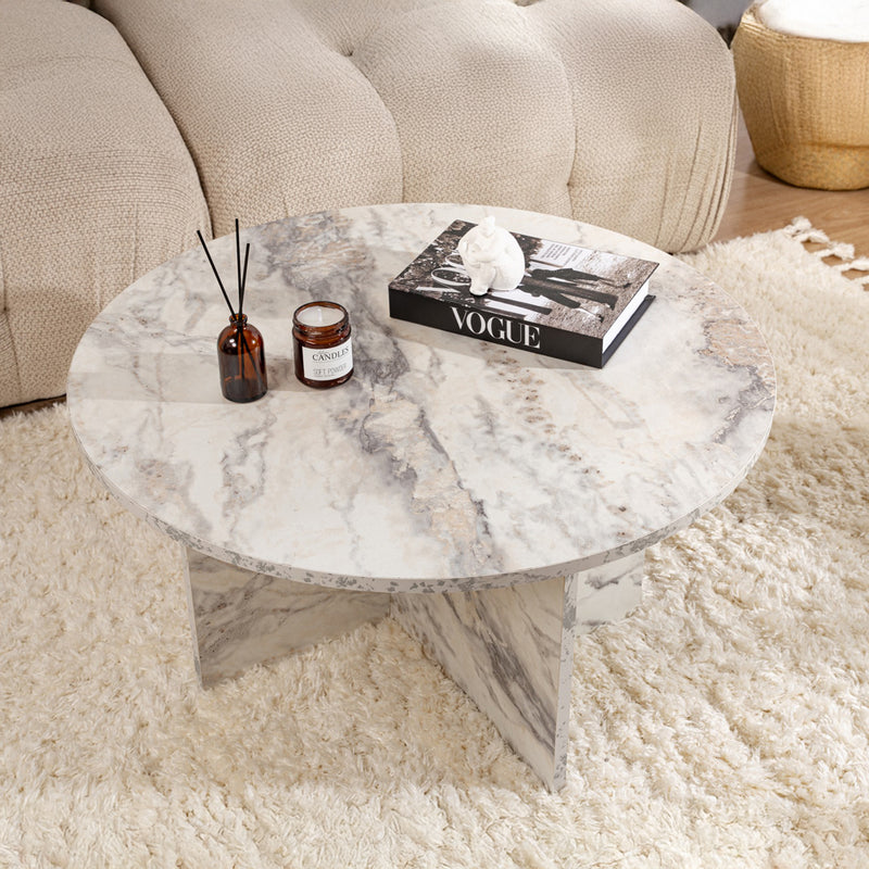 Table basse ronde effet marbre freesia 80x80cm Vinu vue de dessus