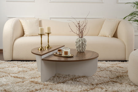 Table basse ronde podium bois noyer et blanc 90cm Xyn table 2 en 1