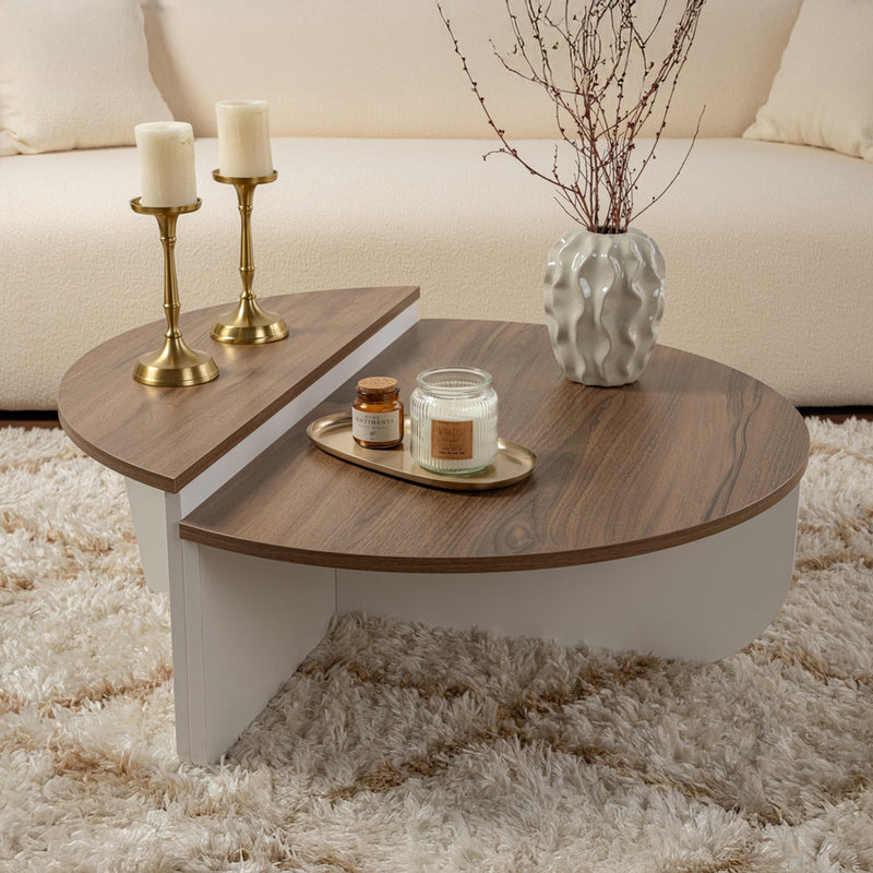 Table basse ronde podium bois noyer et blanc 90cm Xyn à deux niveaux