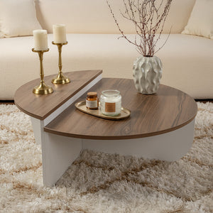 Table basse ronde podium bois noyer et blanc 90cm Xyn à deux niveaux