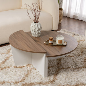 Table basse ronde podium bois noyer et blanc 90cm Xyn modulable