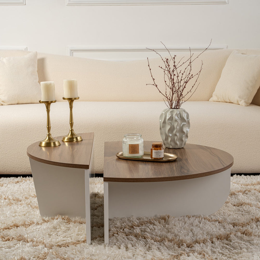 Table basse ronde podium bois noyer et blanc 90cm Xyn forme séparée