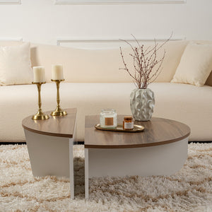 Table basse ronde podium bois noyer et blanc 90cm Xyn forme séparée