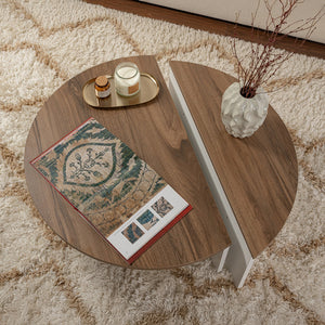 Table basse ronde podium bois noyer et blanc 90cm Xyn vue de dessus