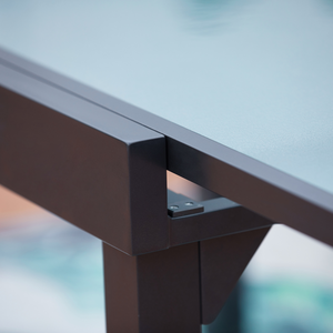 Table en aluminium et verre extensible 10 places Brescia zoom rallonge ouverte