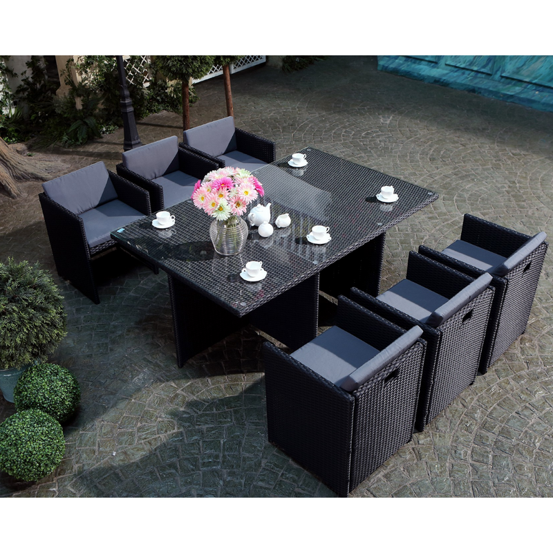 table et chaises 6 places encastrables en résine avec housse de protection miami 6 ambiance vue de dessus concept usine