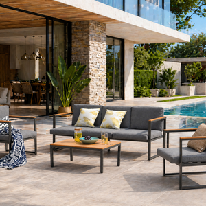 salon de jardin bas en aluminium sur fond ambiance