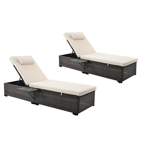 Lot de 2 transats en résine tressée inclinable avec tablette pliable Punta Cana beige et marron fond blanc