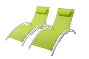 lot de 2 transats pliables et ajustables en aluminium et textilene Vert et Blanc