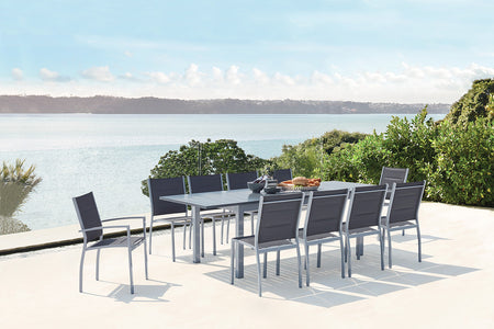 salon de jardin extensible en aluminium + 10 assises de textilene Gris