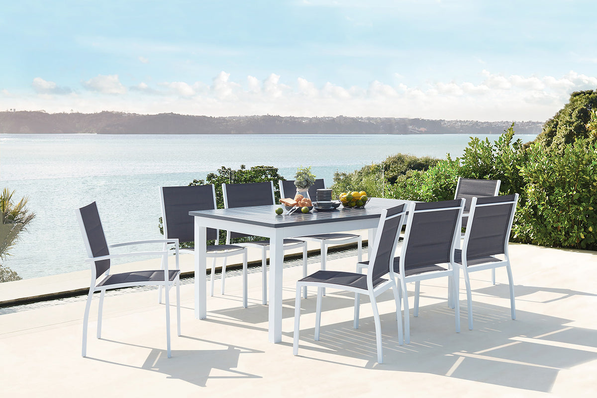 salon de jardin Blanc extensible en aluminium + 8 assises 