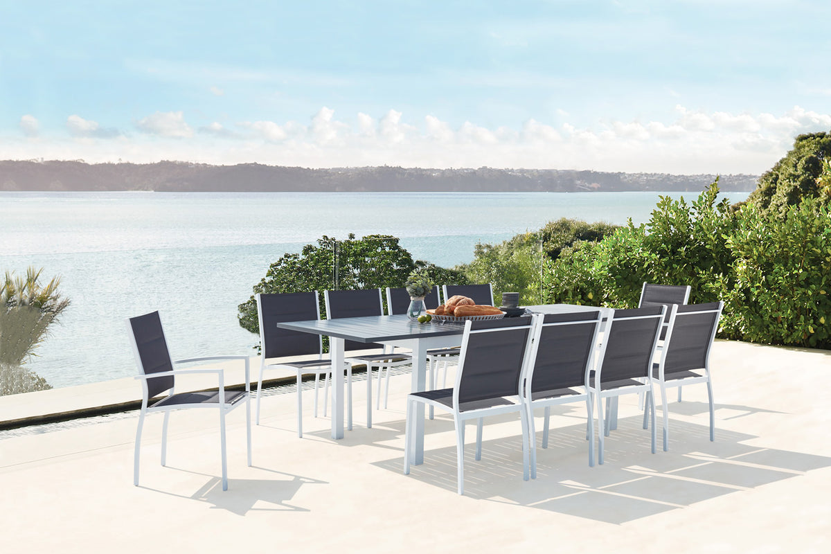salon de jardin extensible en aluminium + 10 assises de textilene Blanc 