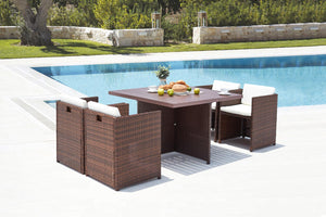 salon de jardin encastrable de 4 places en résine Marron et blanc tressée