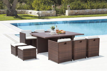 salon de jardin encastrable de 10 places en résine tressée Marron et blanc