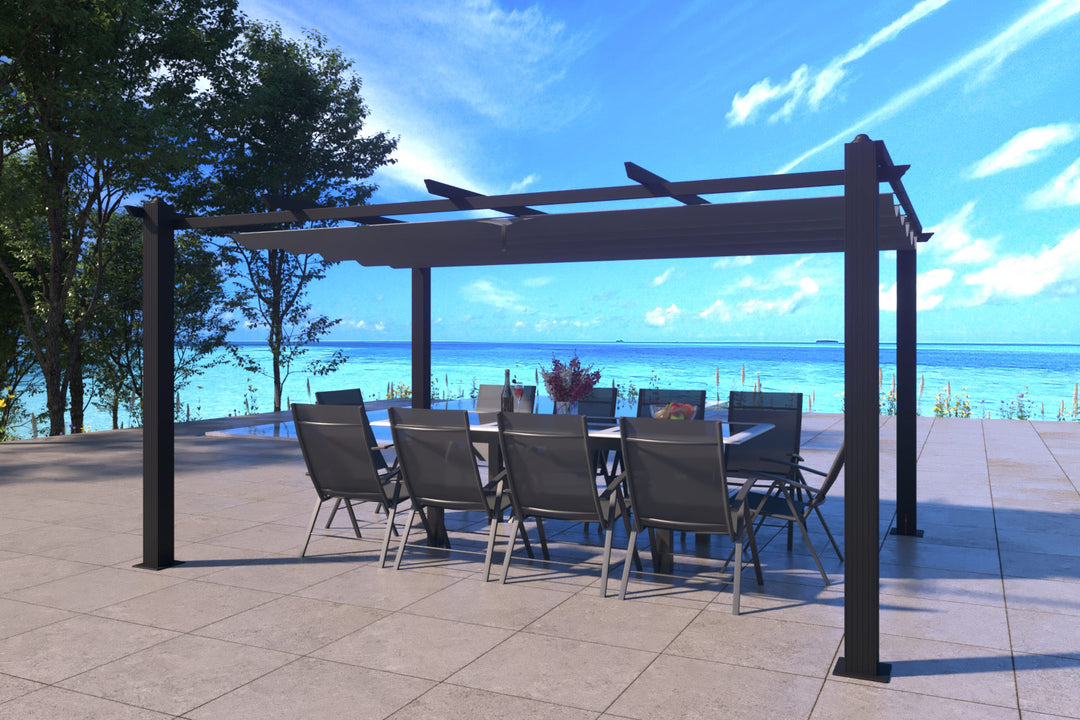 Pergola auto-portée en aluminium 3 x 4 m avec toile rétractable grise - Nila