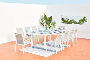 Table de jardin 8 chaises et 2 fauteuils en alu gris/blanc