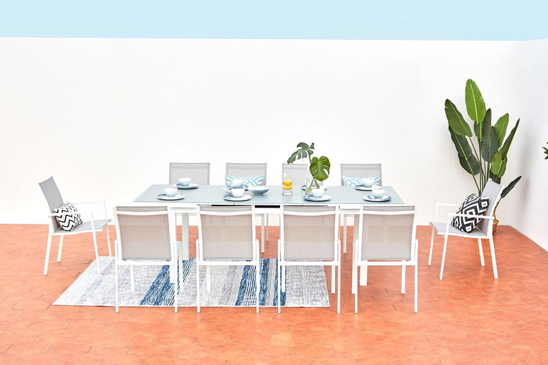 Table de jardin 8 chaises et 2 fauteuils en aluminium gris/blanc
