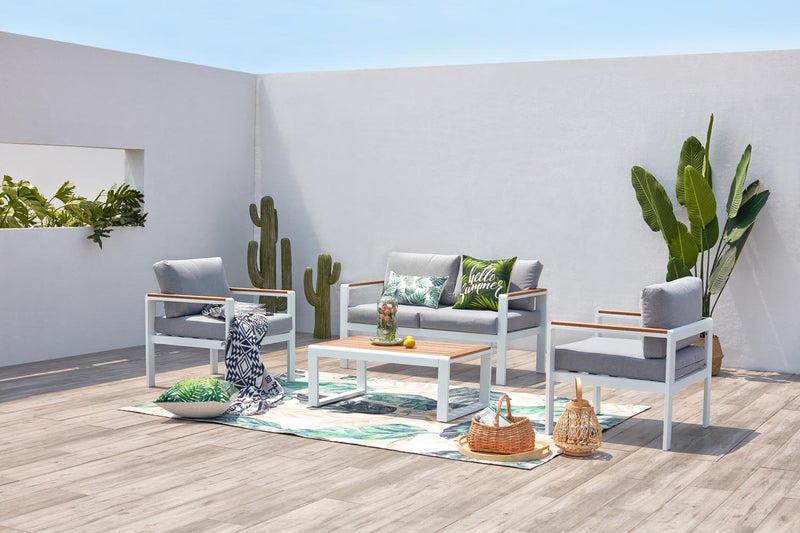 salon de jardin bas en bois et aluminium Blanc de 4 places