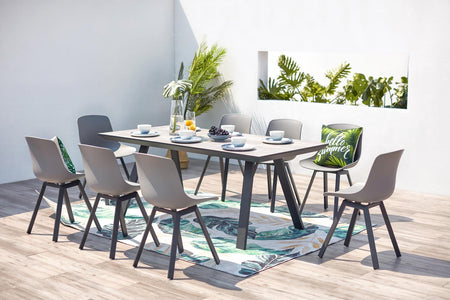 salon de jardin en aluminium gris et plateau cimenté de 8 places