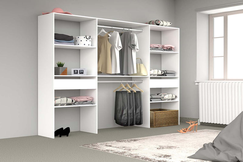 dressing blanc Elysée design avec 2 placards, 6 étagères et 2 tiroirs 
