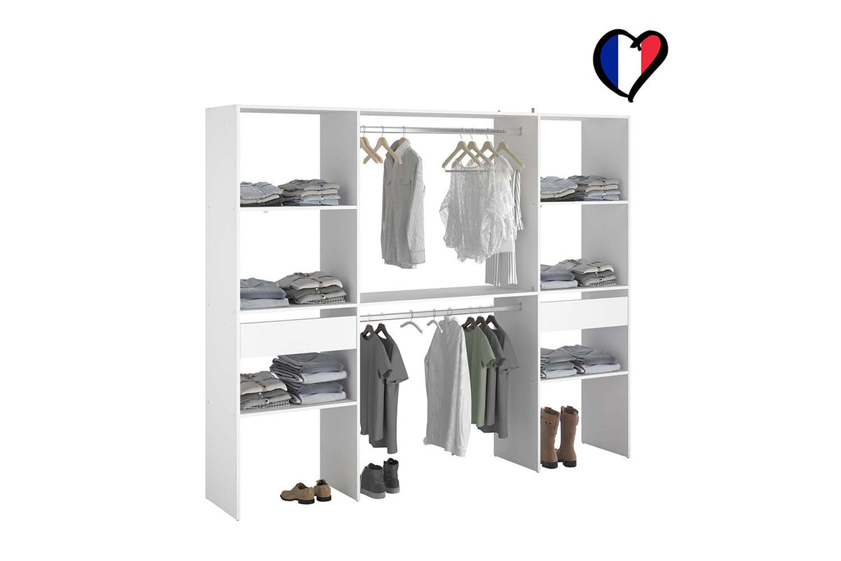 dressing avec 2 placards, 6 étagères et 2 tiroirs Elysée design blanc