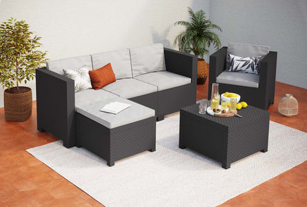 Mueble de jardin en résine tressée de 5 places gris et Noir Rio