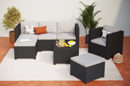 Mueble de jardin en résine tressée Noir et gris de 6 places Manhattan