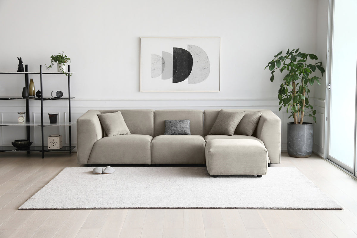 Canapé modulable 3 places + 1 pouf en velours côtelé gris clair