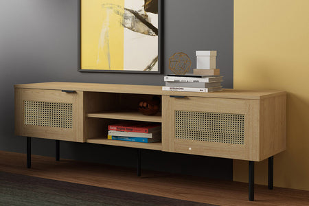 Meuble TV en chêne avec portes en cannage