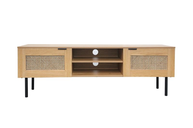 Meuble TV en chêne avec 2 portes en cannage