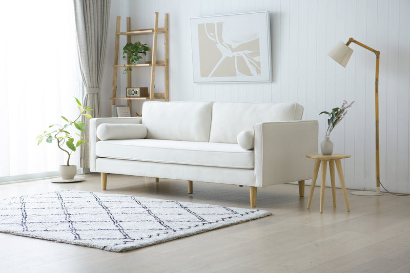 Canapé 3 places design en velours beige pieds bois
