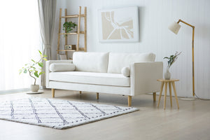 Canapé 3 places design en velours beige pieds bois