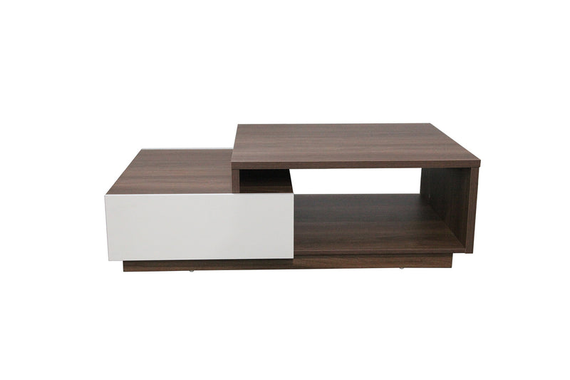 Table basse bois foncé et tiroirs blanc