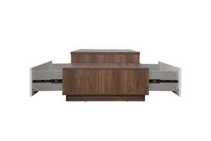 Table basse en bois foncé et tiroirs blanc ouverts