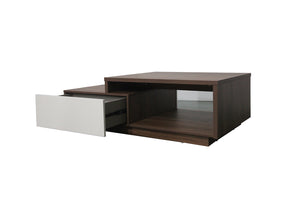 Table basse en bois foncé et tiroirs blanc ouvert