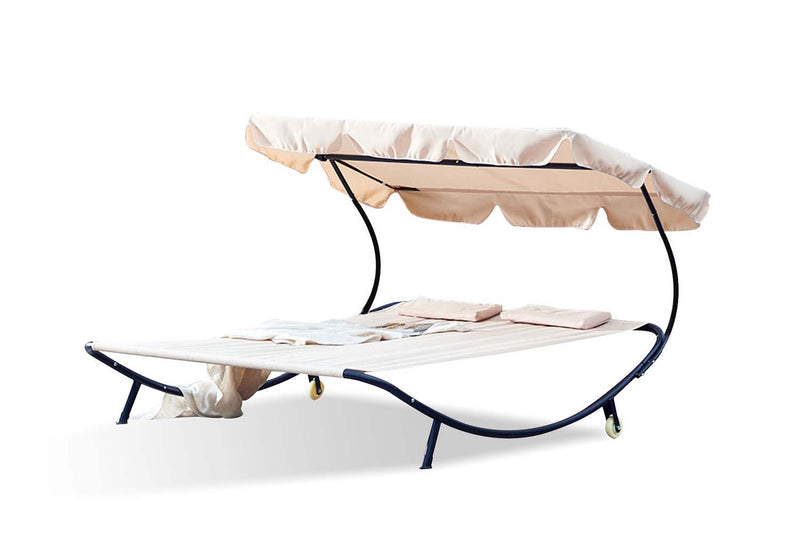 transat pour 2 personnes avec parasol en tissu Oxford Ecru