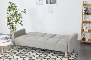 canapé convertible en tissus gris avec porte verre