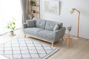 Canapé scandinave 3 personnes avec 2 coussins velours côtelé gris clair