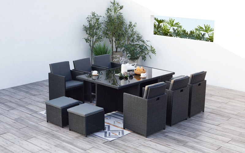 salon de jardin encastrable de 10 places en résine tressée Noir et gris
