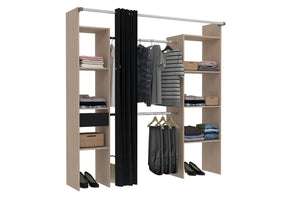 dressing avec rideau gris + 2 placards + 6 étagères et 1 tiroir bois