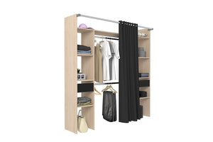 dressing bois avec rideau Elysée + 2 placards, 6 étagères et 2 tiroirs 