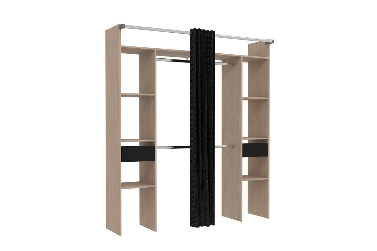 dressing avec rideau + 2 placards + 6 étagères et 2 tiroirs Elysée bois
