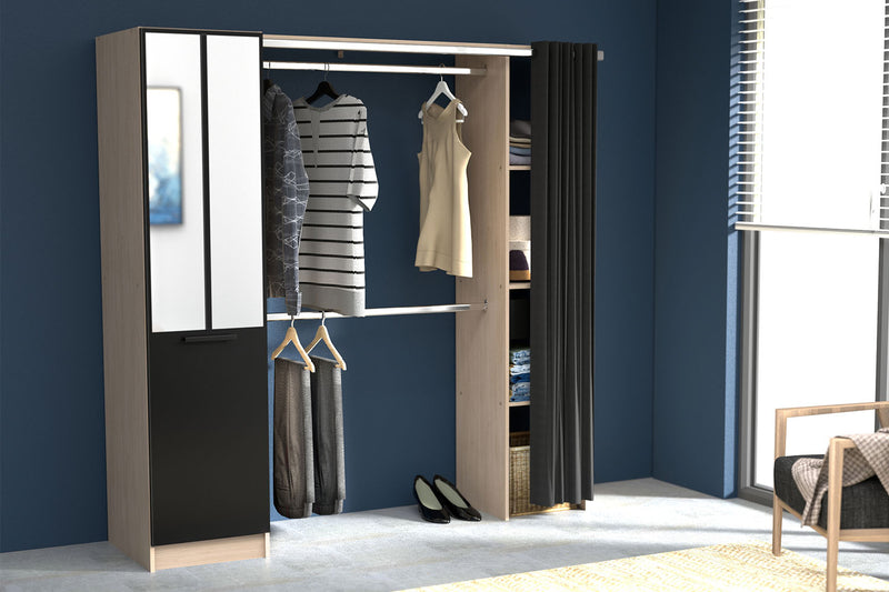 dressing industriel en bois avec rideaux, étagères et tiroir 