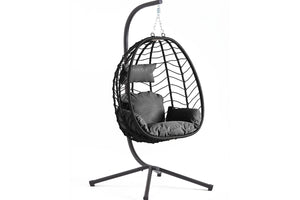 fauteuil suspendu avec aspect rotin noir et support